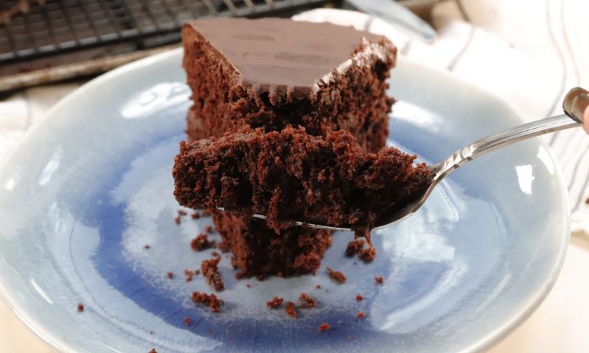 forkful of vegan chocolate cake 