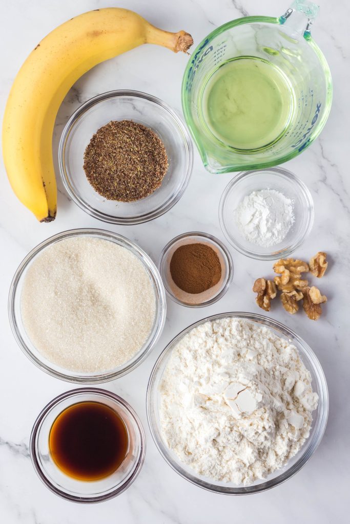Ingredients for making vegan banana bread