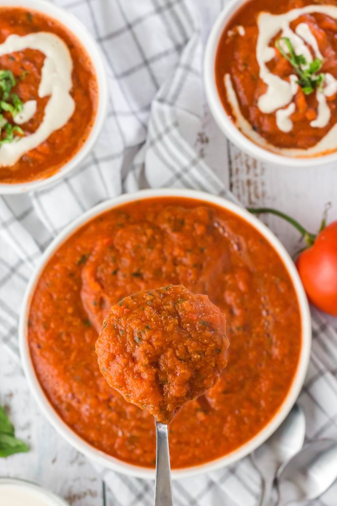 A big bowl of vegan roasted tomato soup.