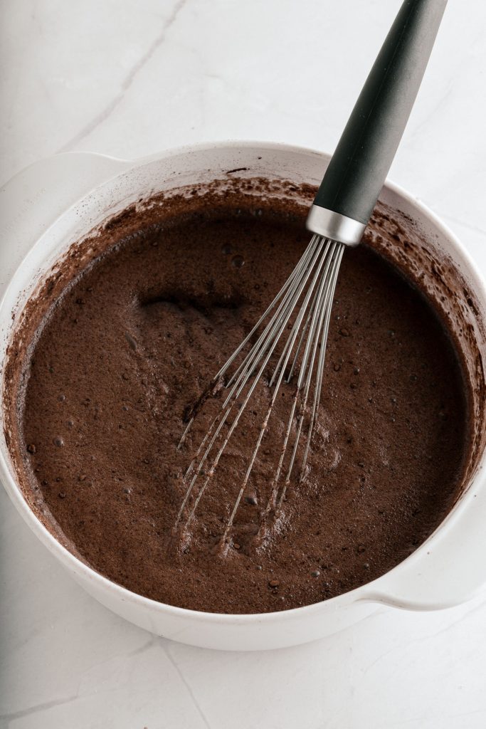 Vegan chocolate sorbet ingredients all mixed up in a bowl.
