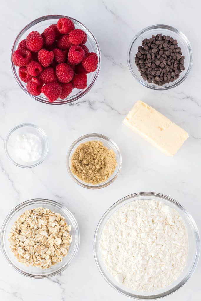 Ingredients to make vegan raspberry oatmeal bars.