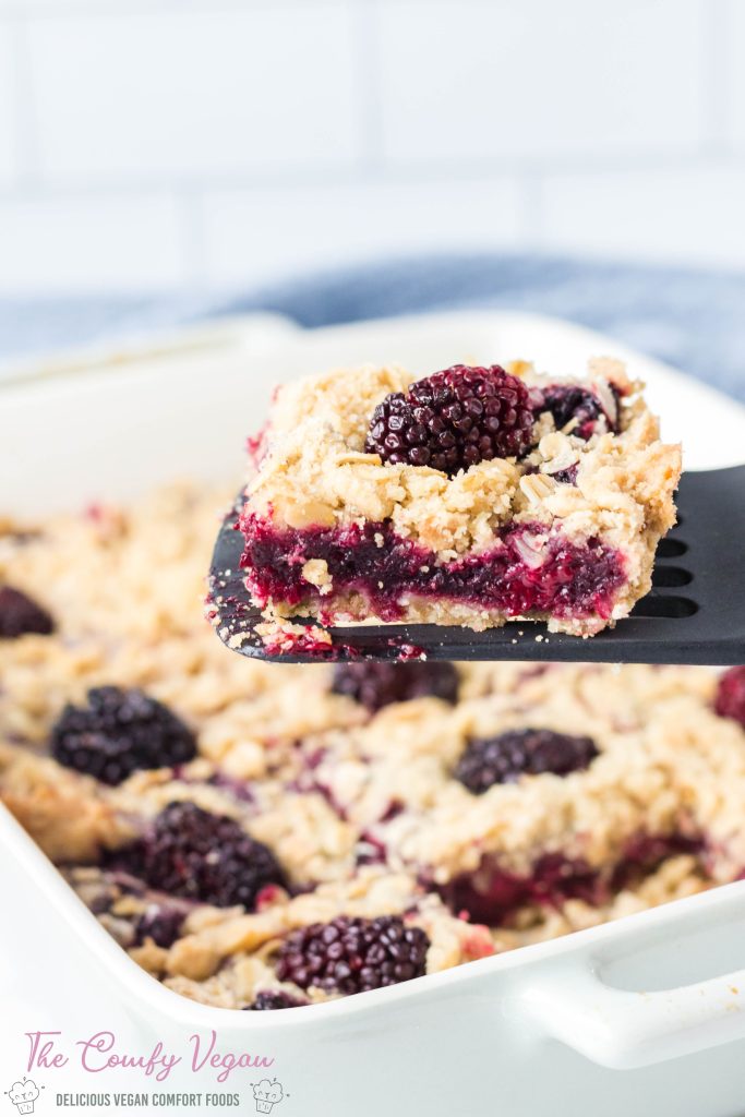 Close up image of a piece of the vegan blackberry oatmeal bars.