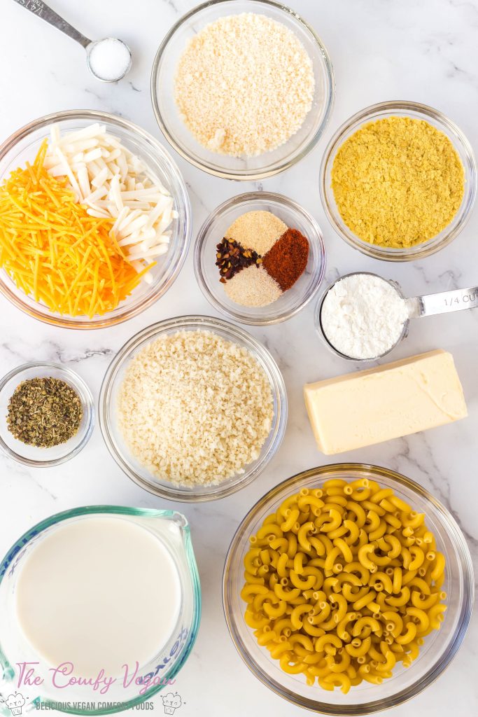 Ingredients to make baked mac and cheese