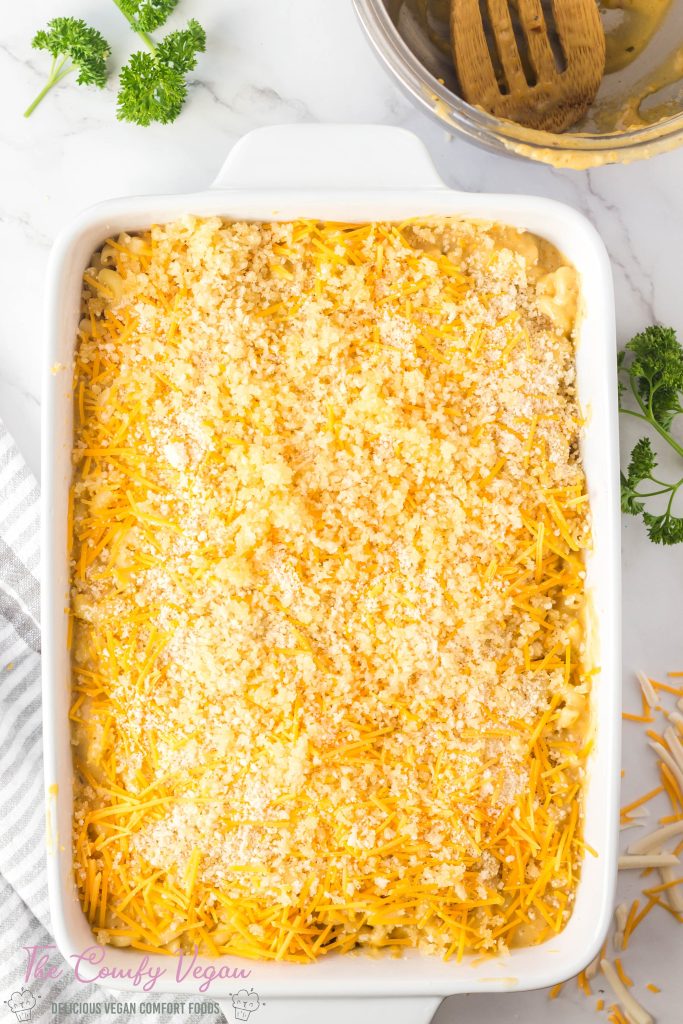 Top the mac and cheese with bread crumbs.