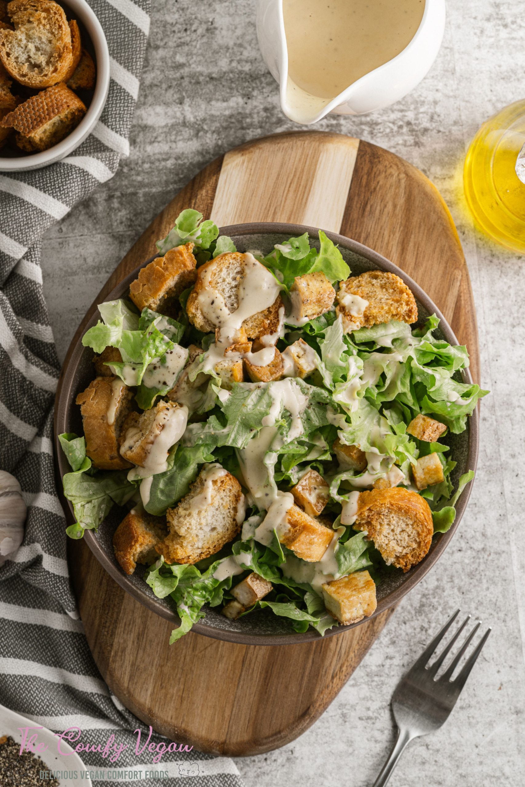 This Vegan Caesar Salad recipe is so easy to make and tastes amazing. Use this as a dip, in wraps, on salads, or top on roasted veggies. The dressing goes quickly it makes 2 large salads but you might want to double the batch.