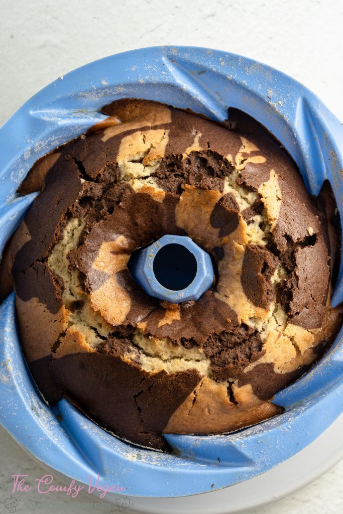 Baked cake in a bundt pan.