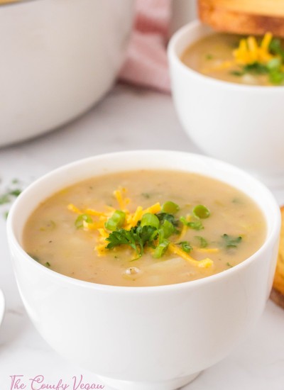 A bowl of vegan potato leek soup.
