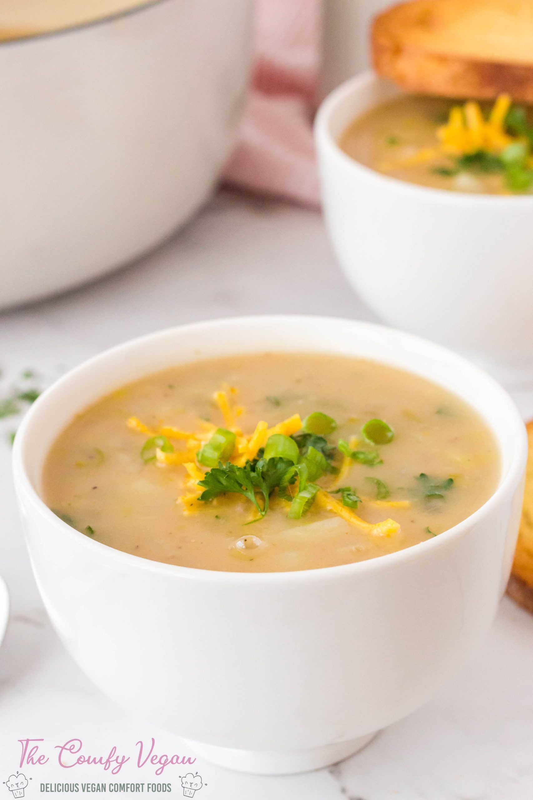 This Vegan Potato Leek Soup is the ultimate comfort food in a bowl. This soup is thick, creamy, full of flavor and so easy to make. Made with potatoes, leeks, onions, and a thick and creamy veggie broth it feeds a crowd that everyone will love.