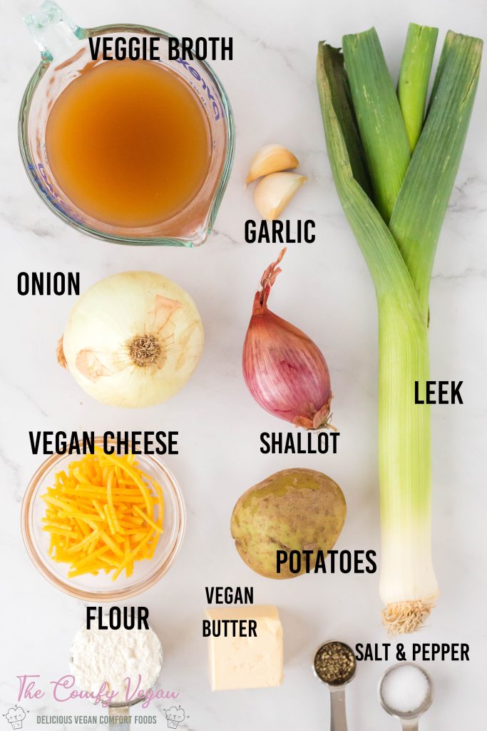Ingredients to make vegan potato leek soup.