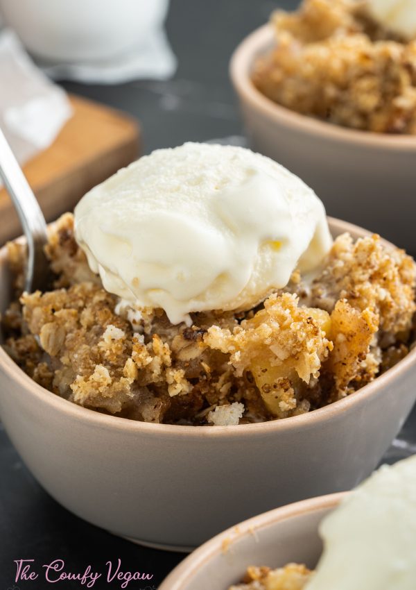 A close up look at the vegan gluten free apple crisp in a bowl with a small scoop of ice cream on top.