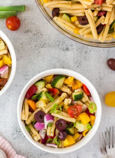 A bowl of vegan pasta salad