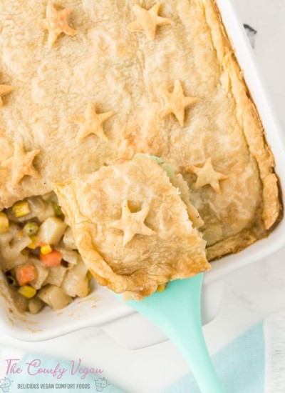 Vegan pot pie with a slice taken out.