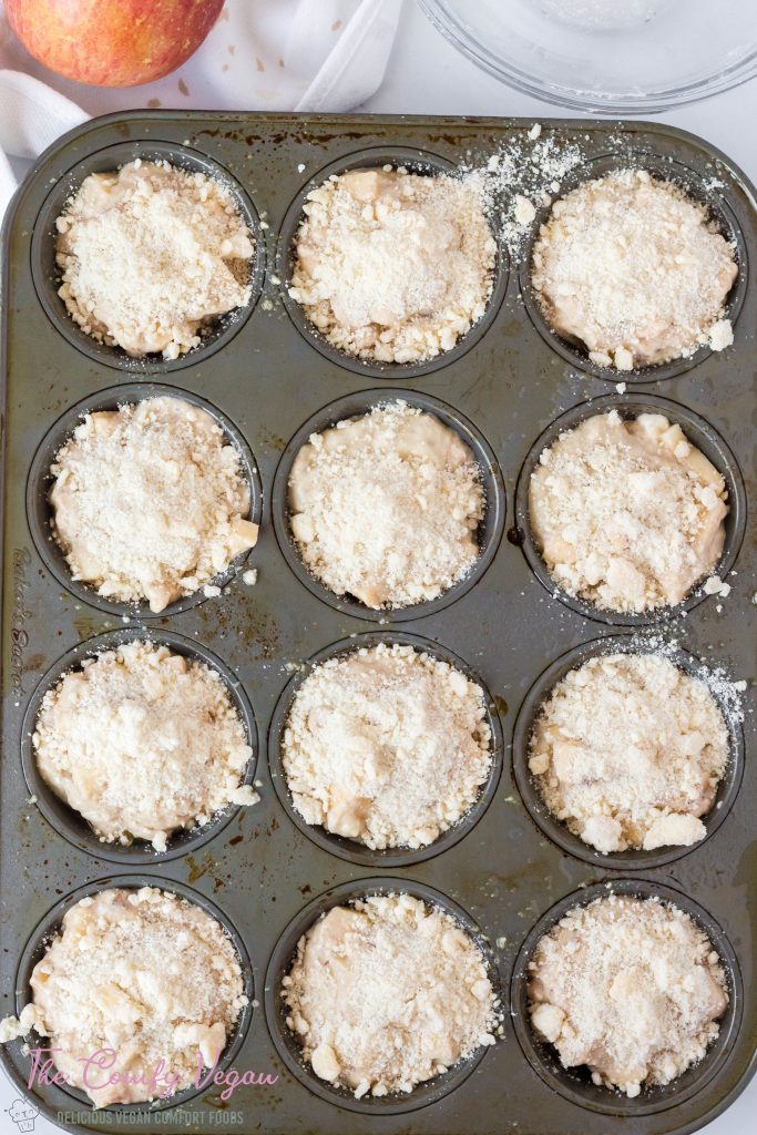 Crumb coat added to the tops of the muffin batter.