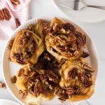 A plate of vegan sticky buns with an overhead view