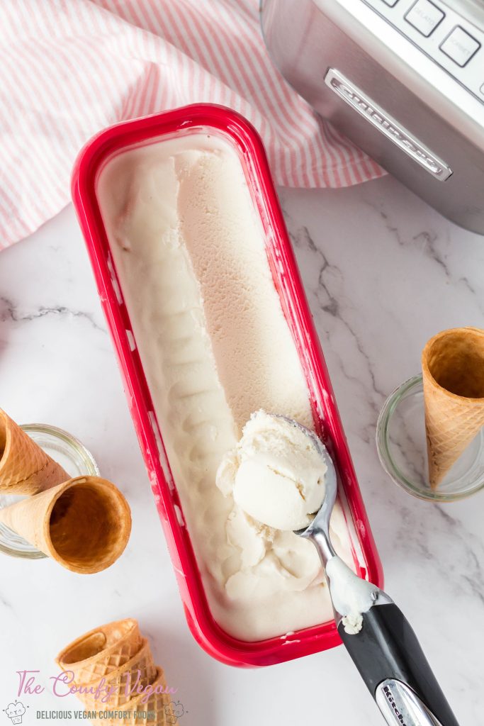 A scoop of vegan vanilla ice cream.